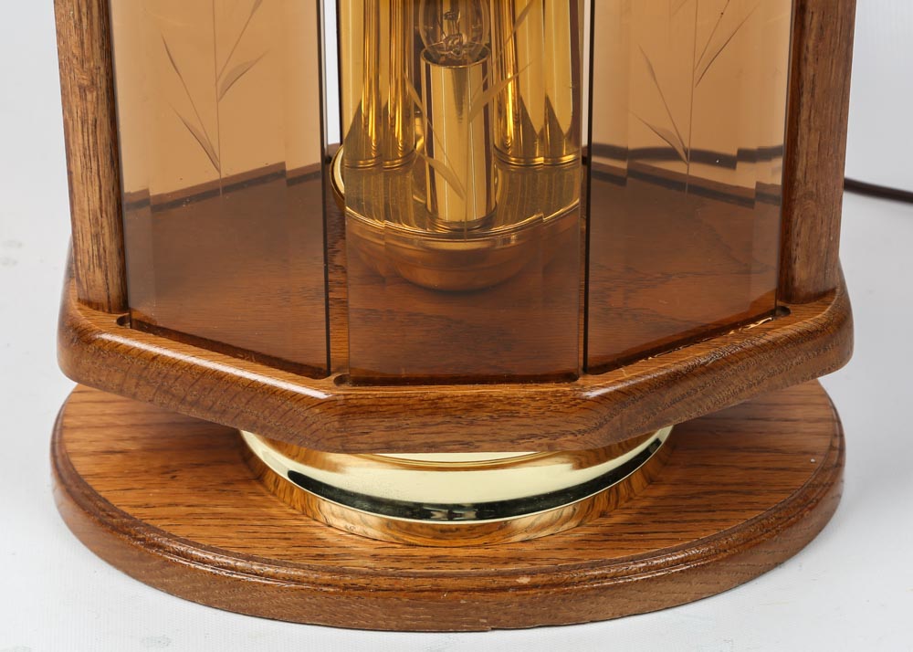 Mid-Century Oak and Amber Glass Lamp