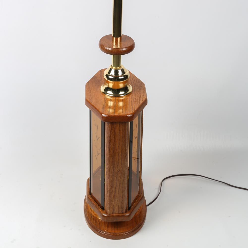 Mid-Century Oak and Amber Glass Lamp