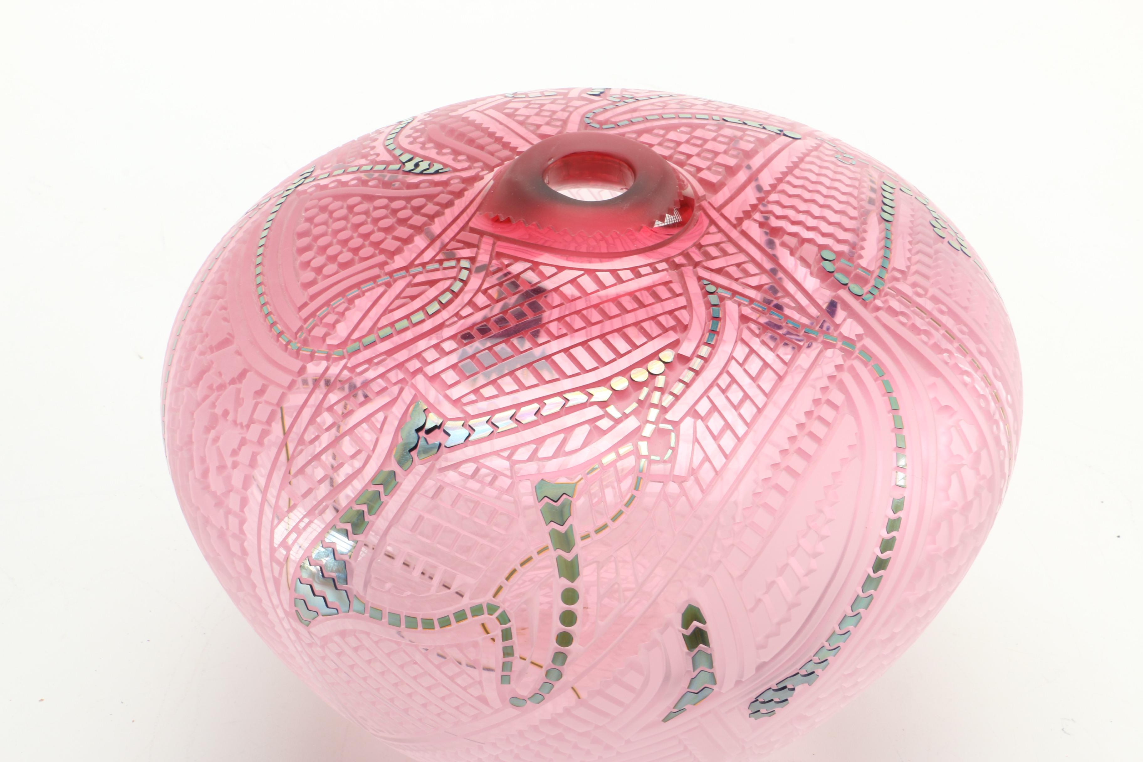 Bulbous Acid-Etched Pink Glass Vase