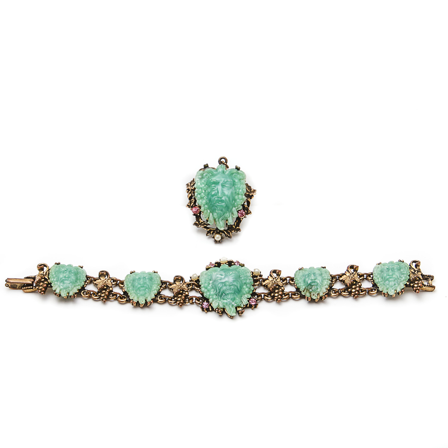 Vintage "Fruit of Bacchus" Grape Themed Faux Jade Bracelet and Pin Set