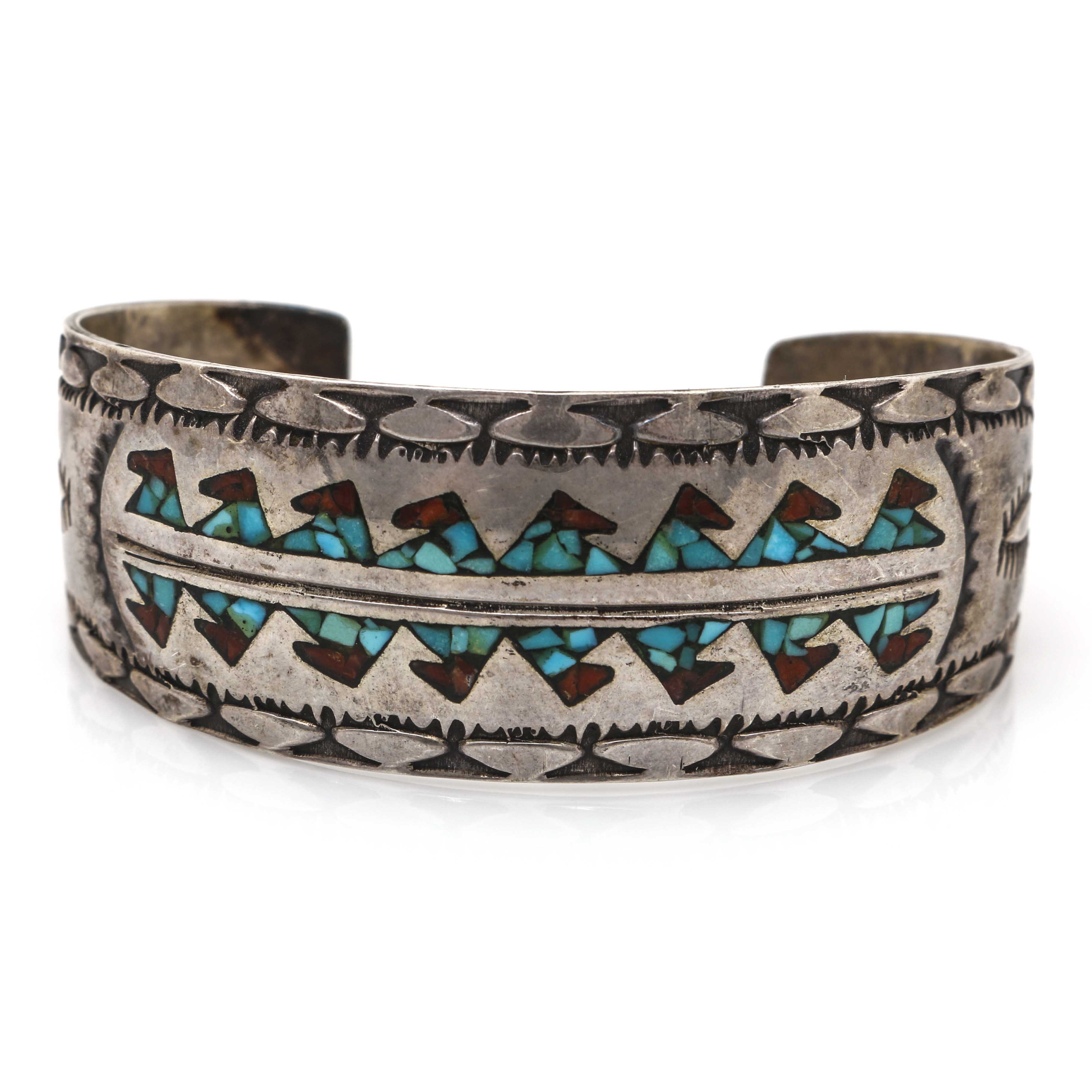 Wilson & Carolyn Begay Sterling Silver Compressed Turquoise and Coral Cuff Bracelet