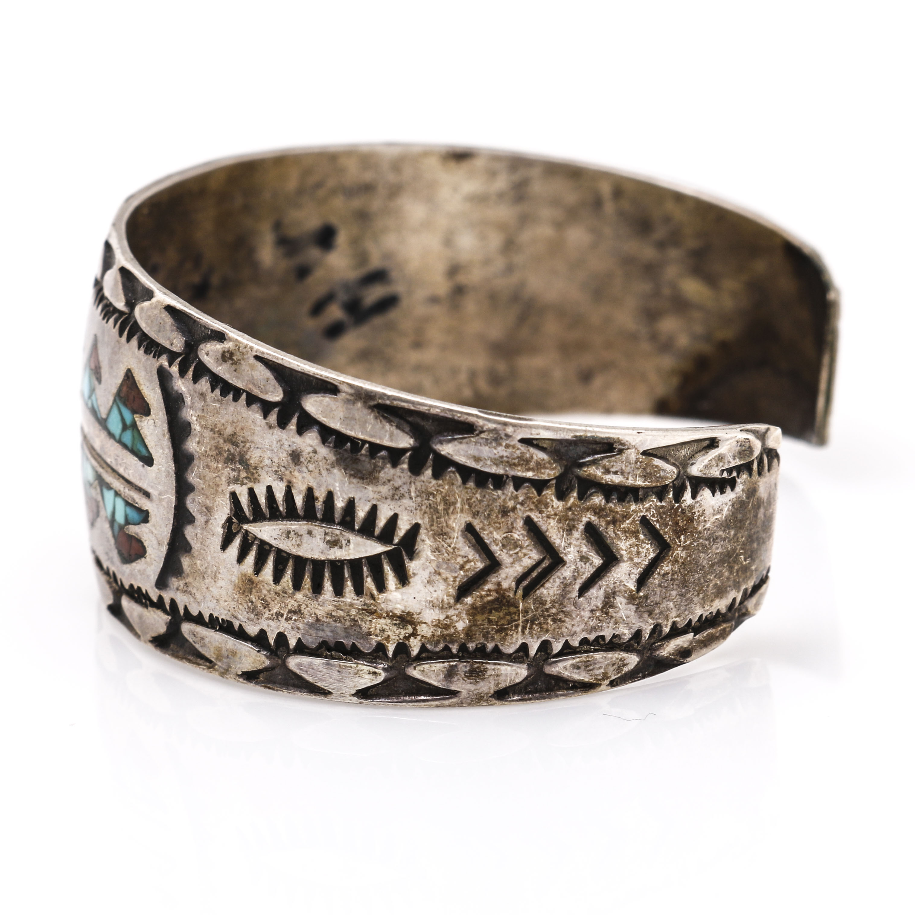 Wilson & Carolyn Begay Sterling Silver Compressed Turquoise and Coral Cuff Bracelet