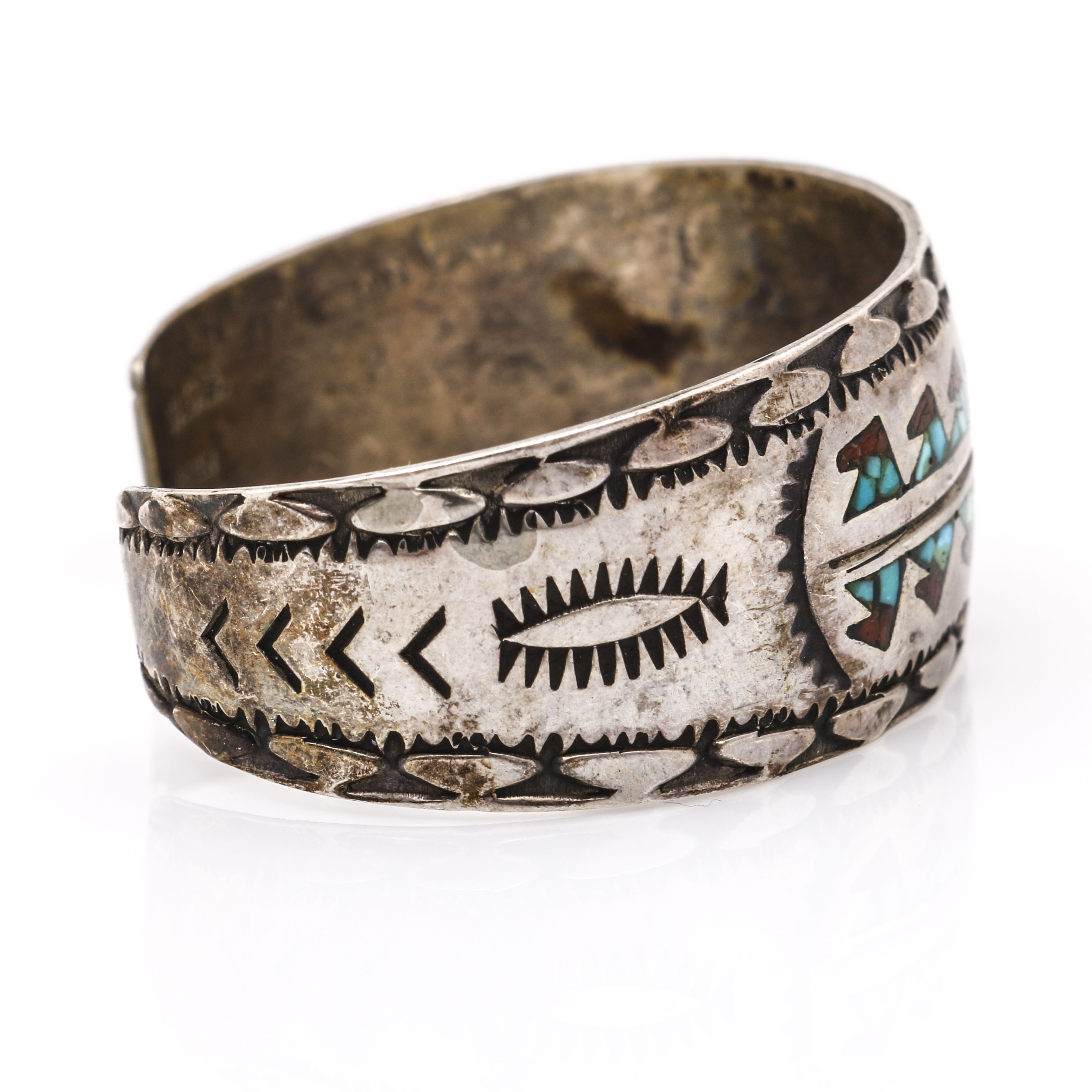 Wilson & Carolyn Begay Sterling Silver Compressed Turquoise and Coral Cuff Bracelet