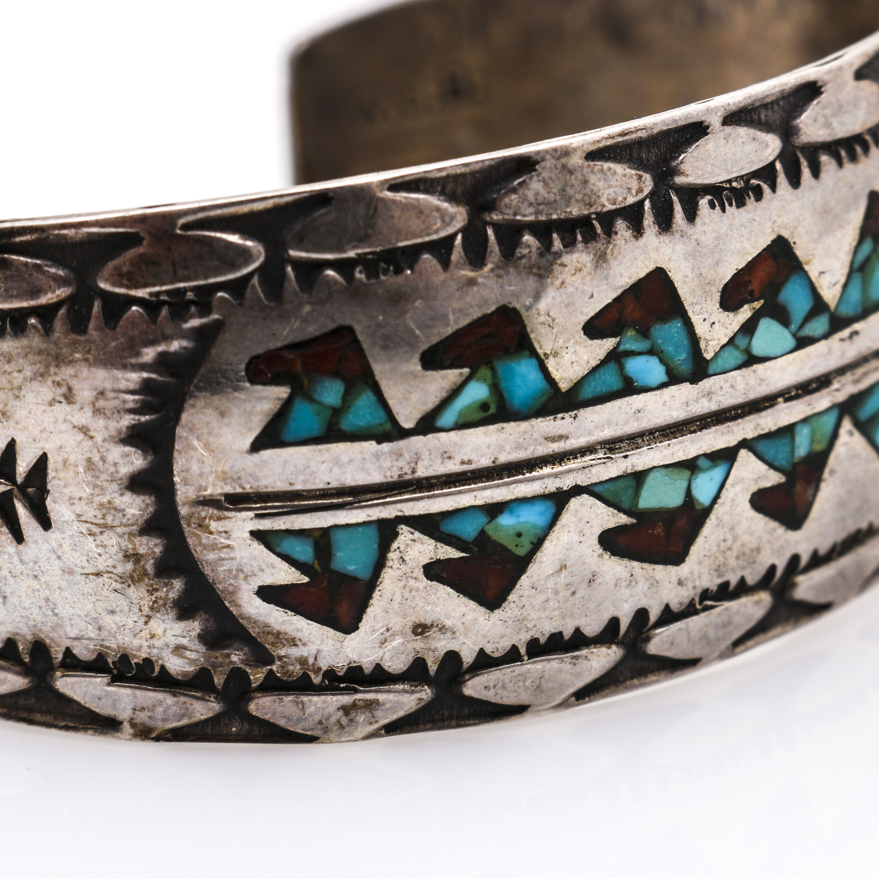 Wilson & Carolyn Begay Sterling Silver Compressed Turquoise and Coral Cuff Bracelet