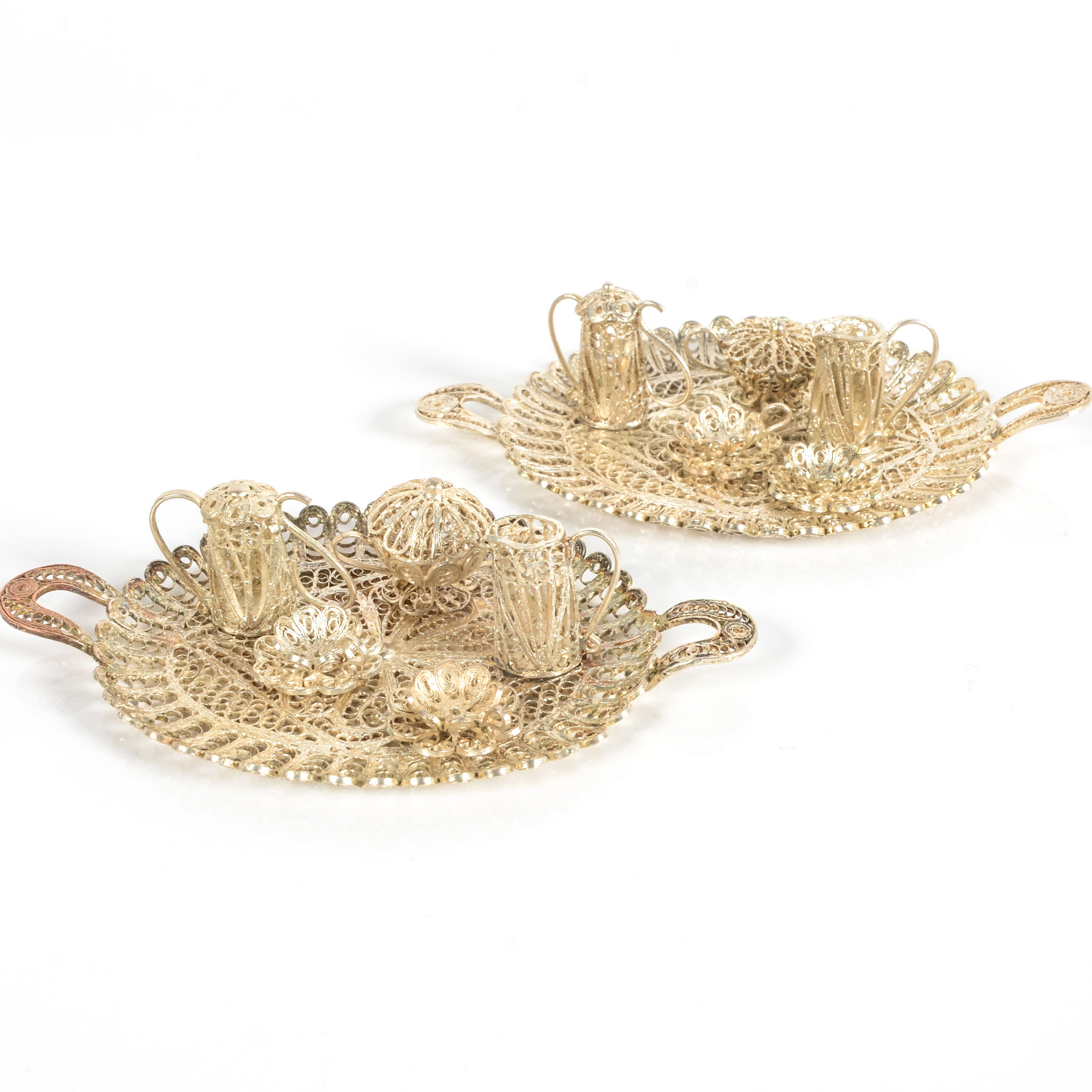 Pair of Miniature Silver Plated Filigree Tea Sets