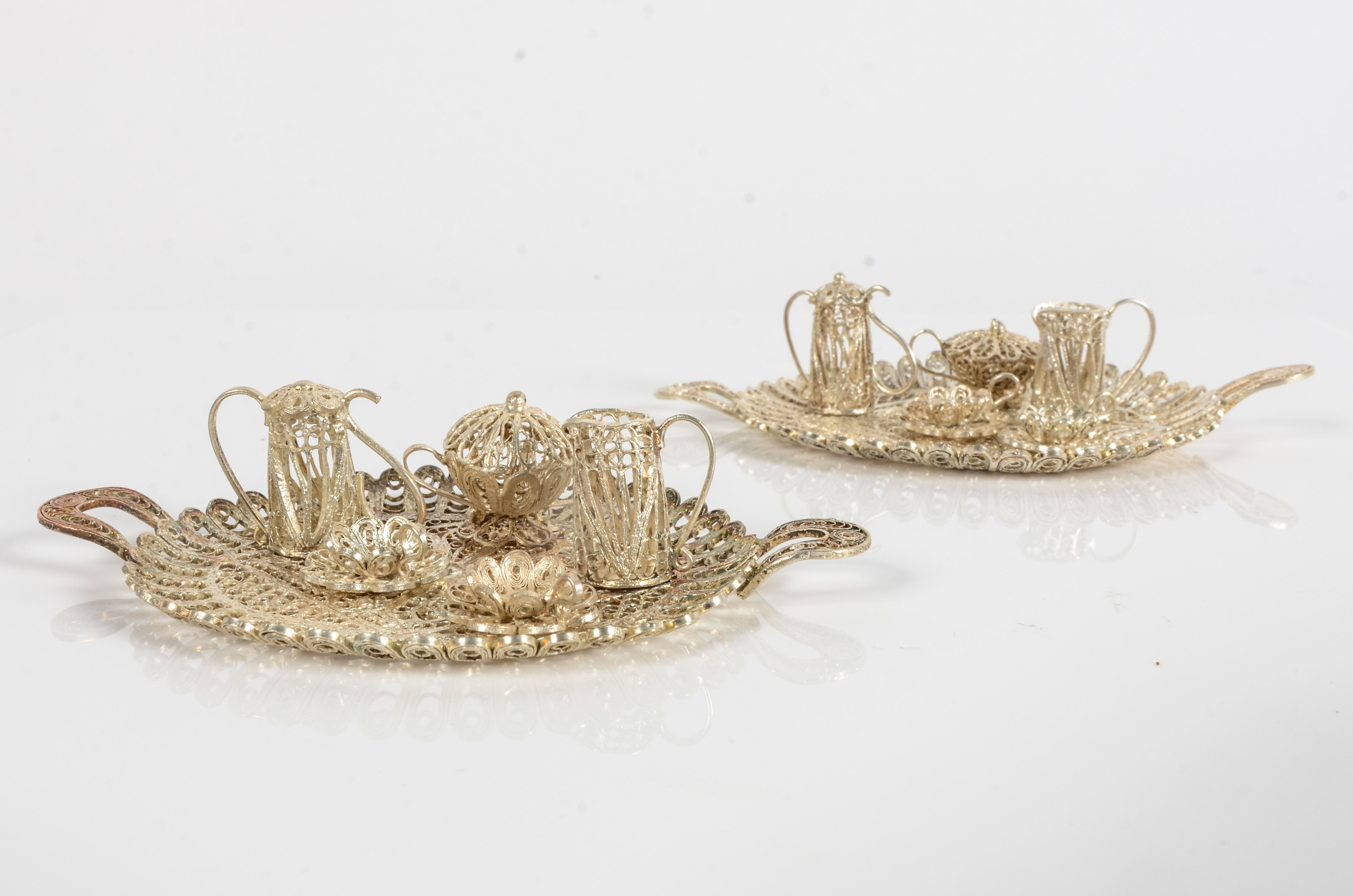 Pair of Miniature Silver Plated Filigree Tea Sets