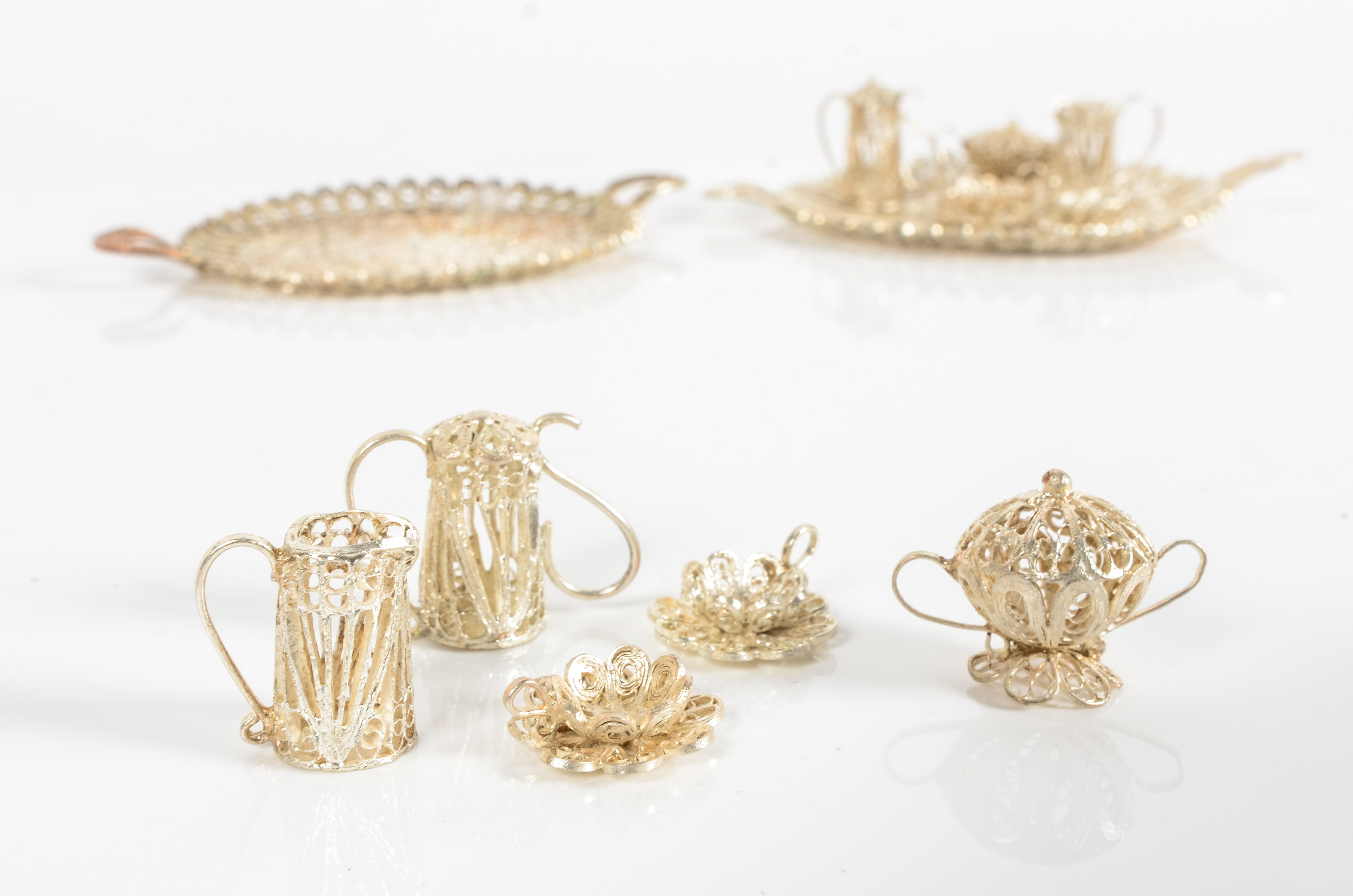 Pair of Miniature Silver Plated Filigree Tea Sets