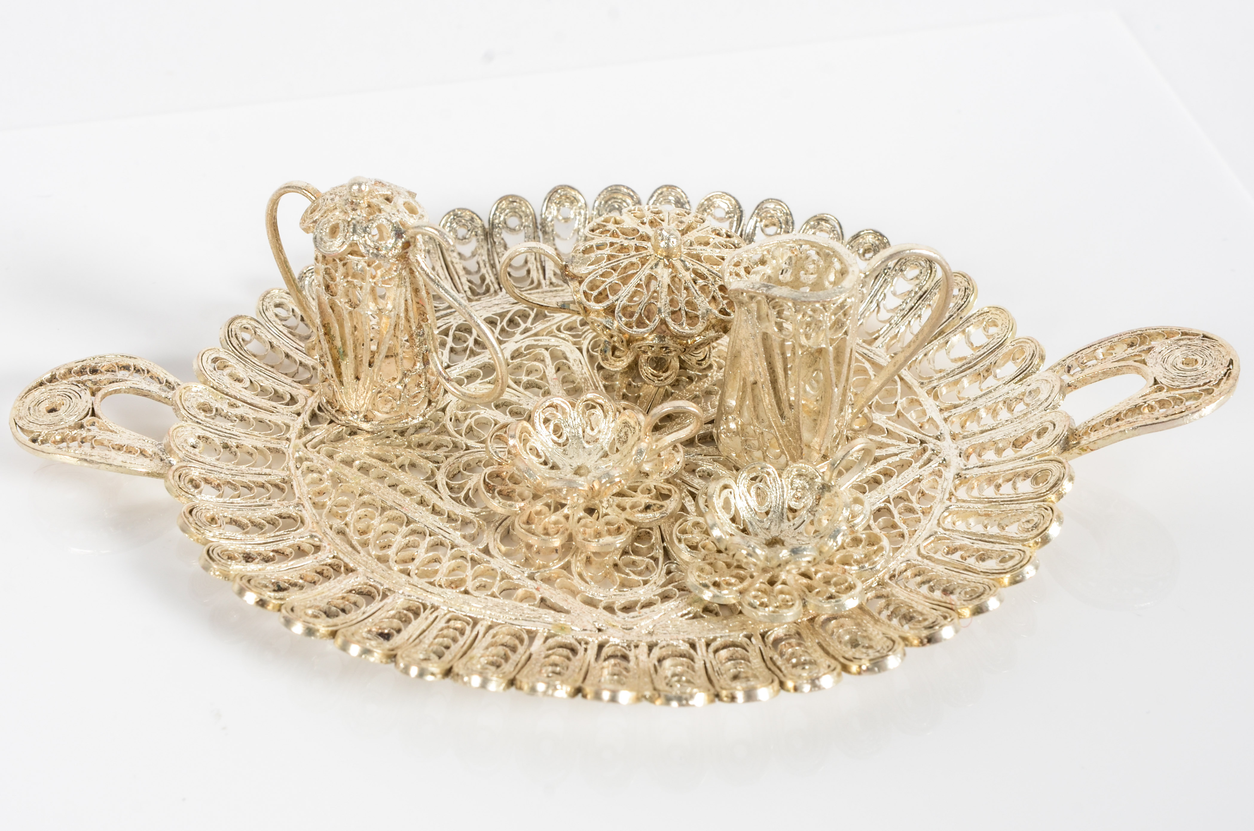 Pair of Miniature Silver Plated Filigree Tea Sets