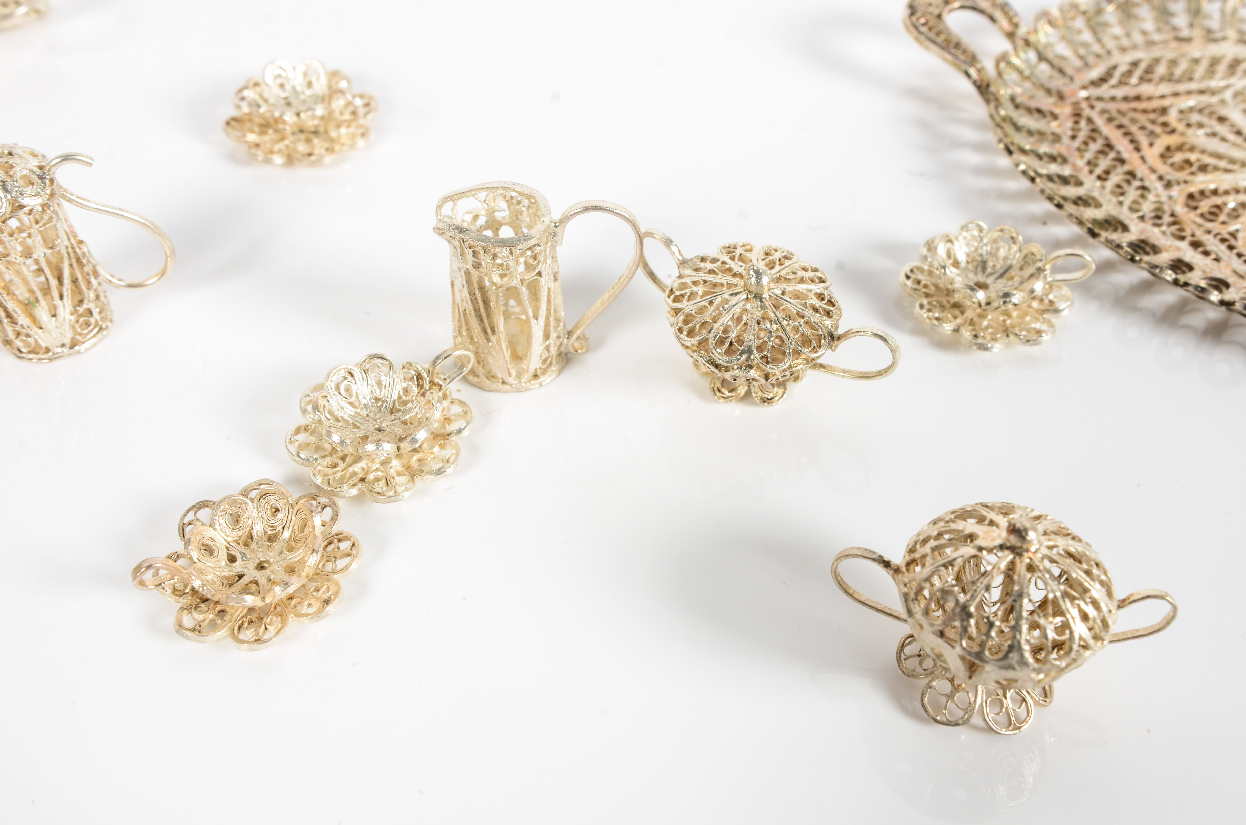 Pair of Miniature Silver Plated Filigree Tea Sets