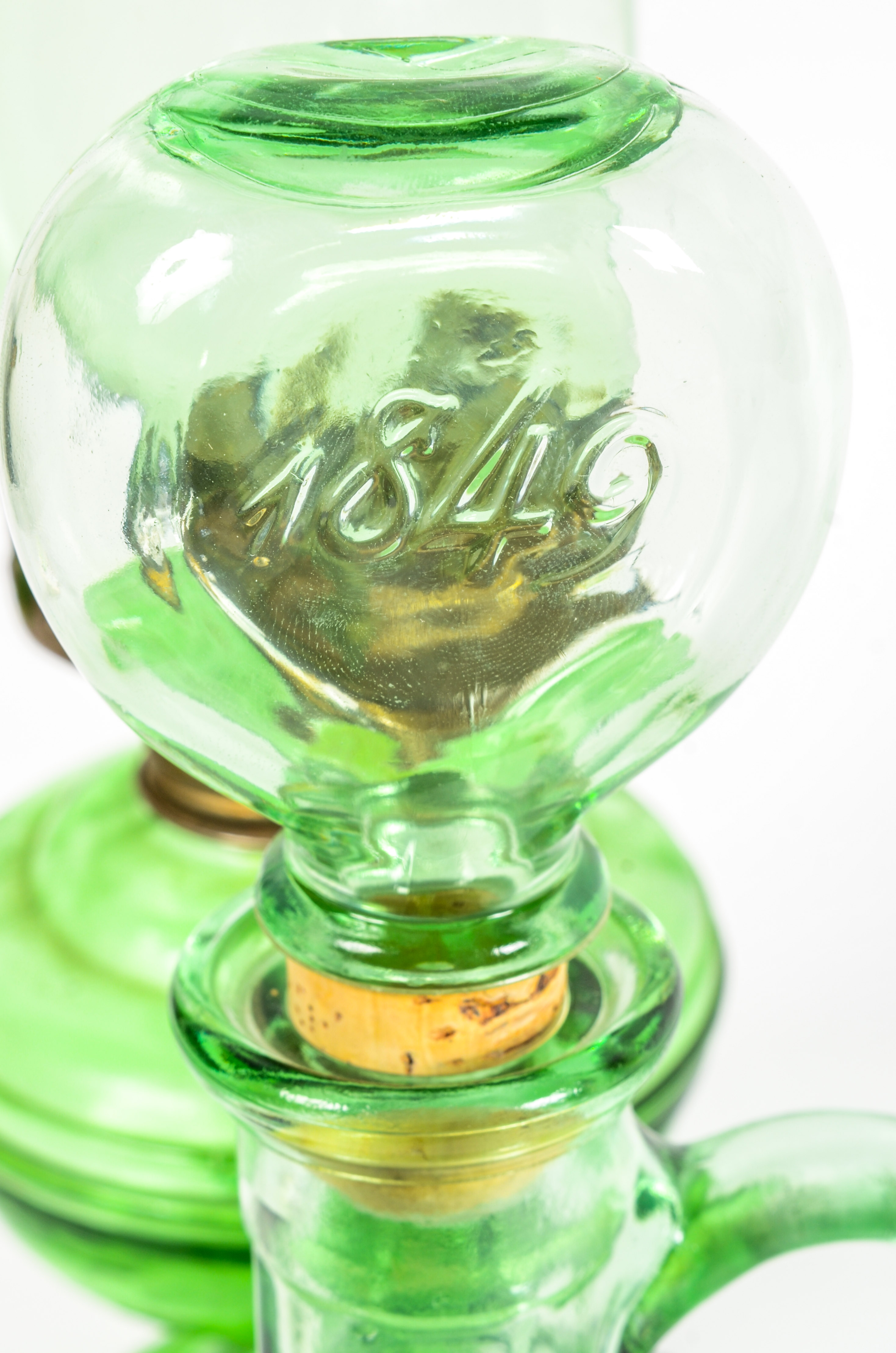 Green Glass Hurricane Lamp and Decanter