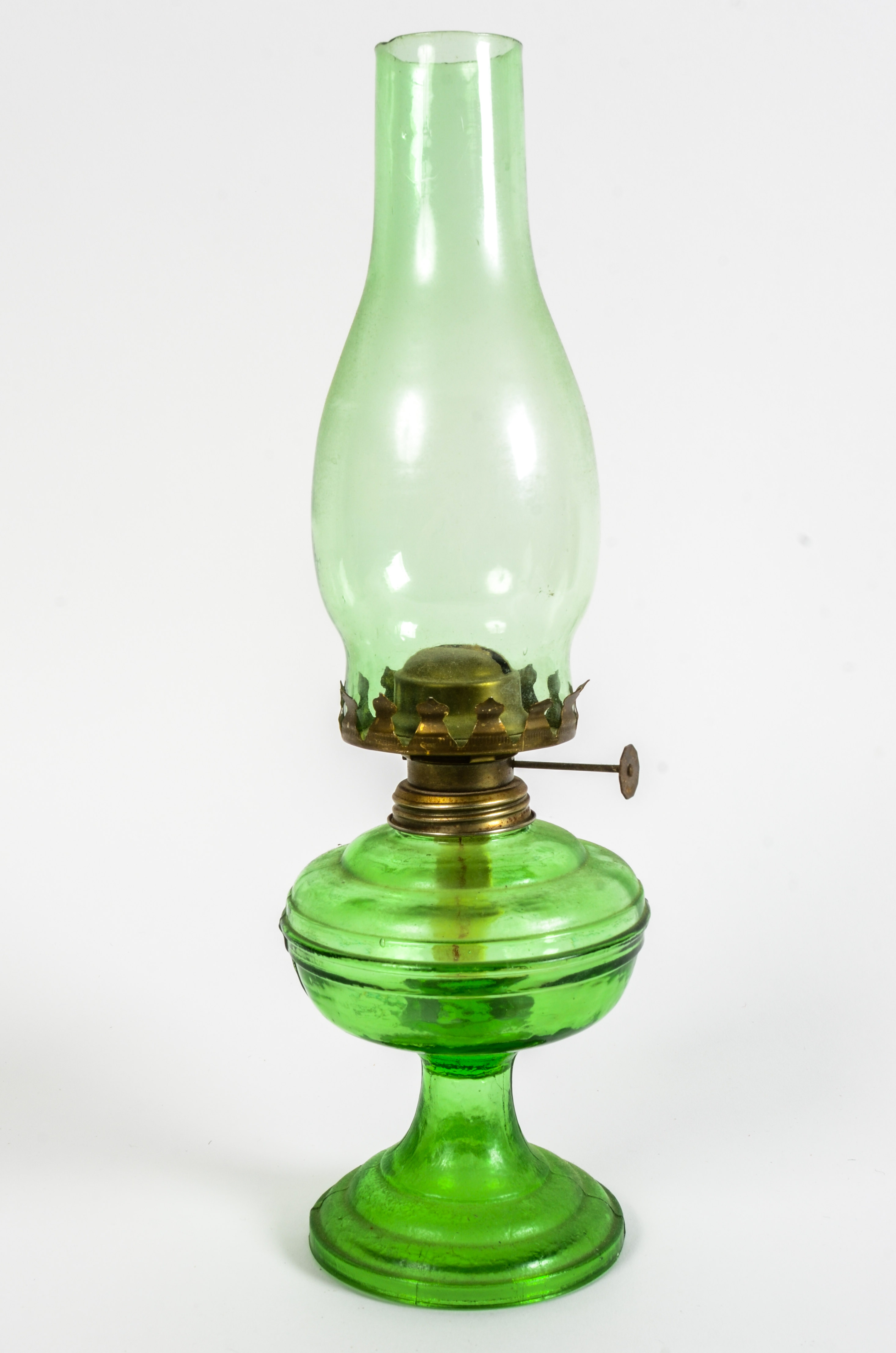 Green Glass Hurricane Lamp and Decanter