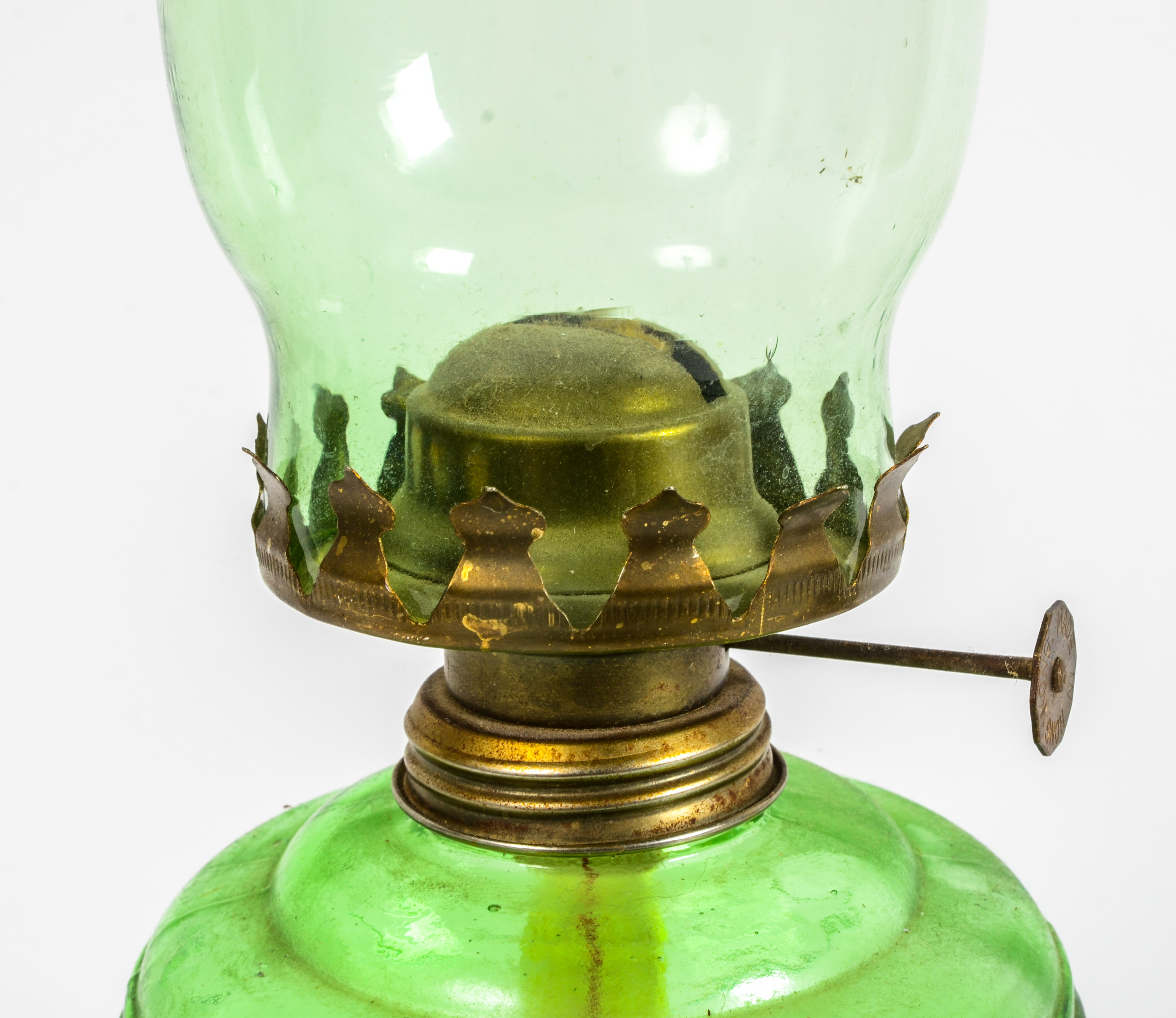 Green Glass Hurricane Lamp and Decanter