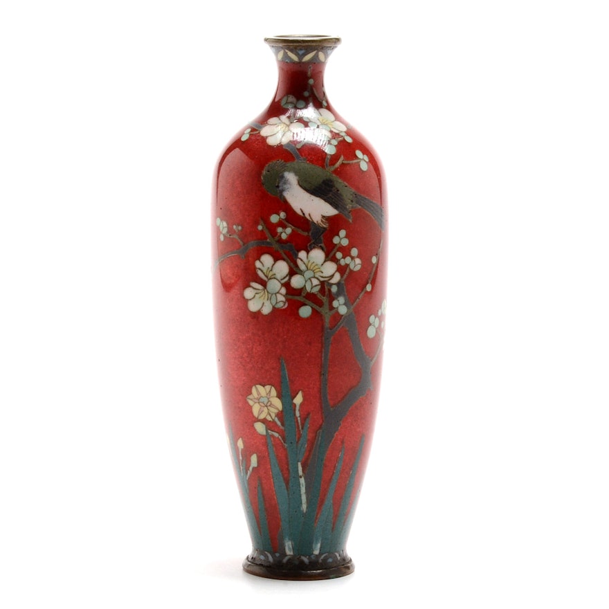 Japanese Red Cloisonné Vase with Bird and Cherry Blossoms