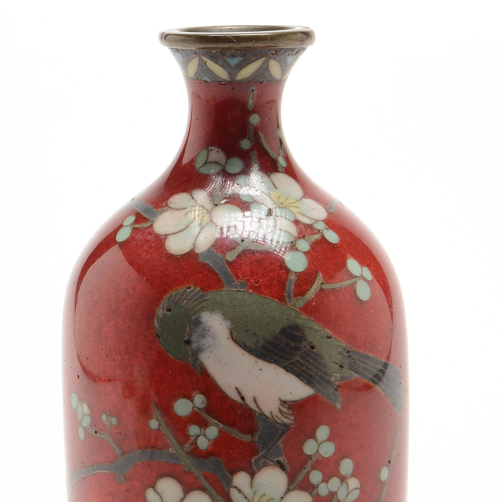 Japanese Red Cloisonné Vase with Bird and Cherry Blossoms