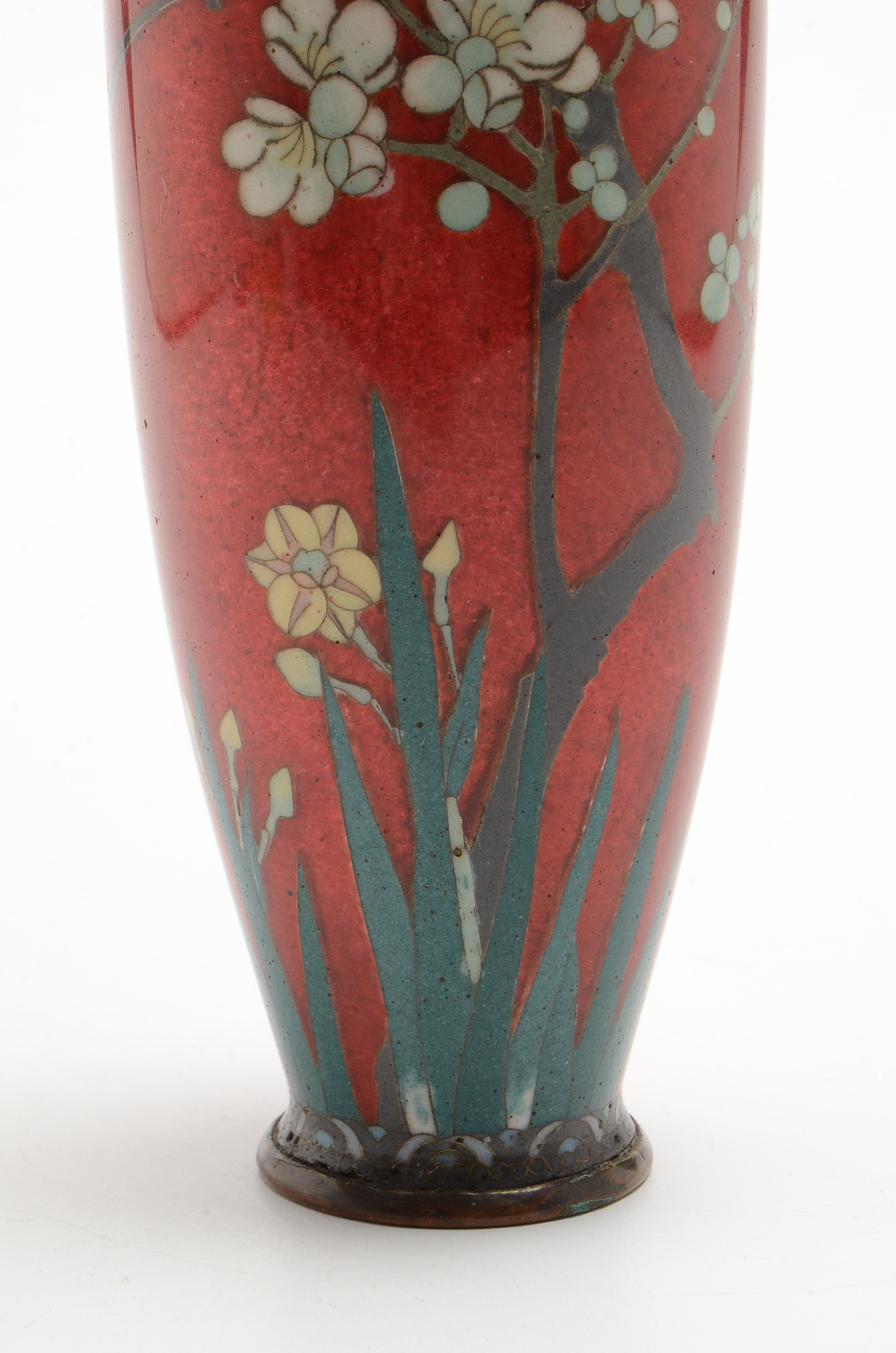 Japanese Red Cloisonné Vase with Bird and Cherry Blossoms