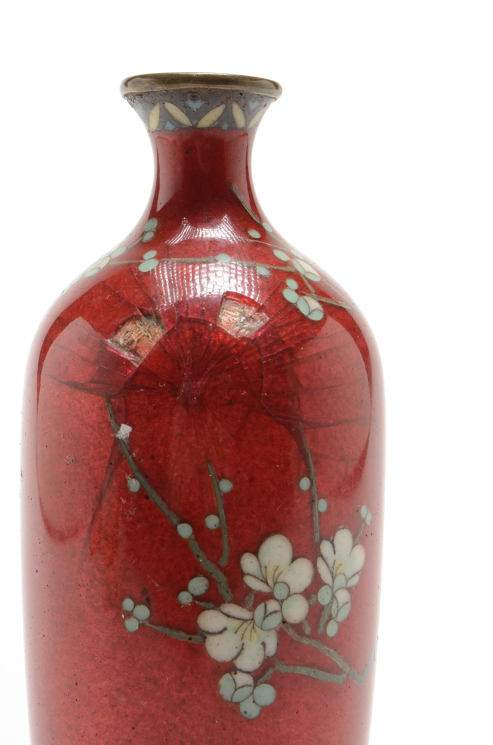 Japanese Red Cloisonné Vase with Bird and Cherry Blossoms