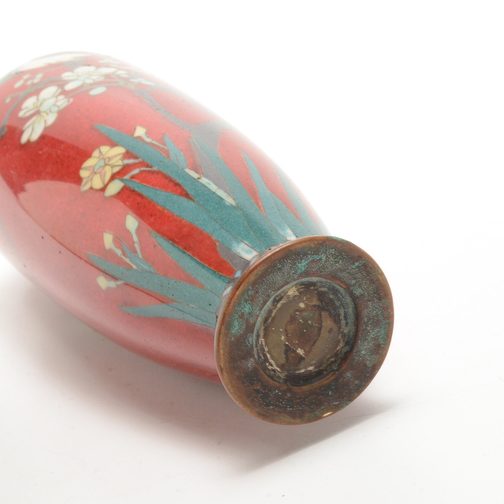 Japanese Red Cloisonné Vase with Bird and Cherry Blossoms