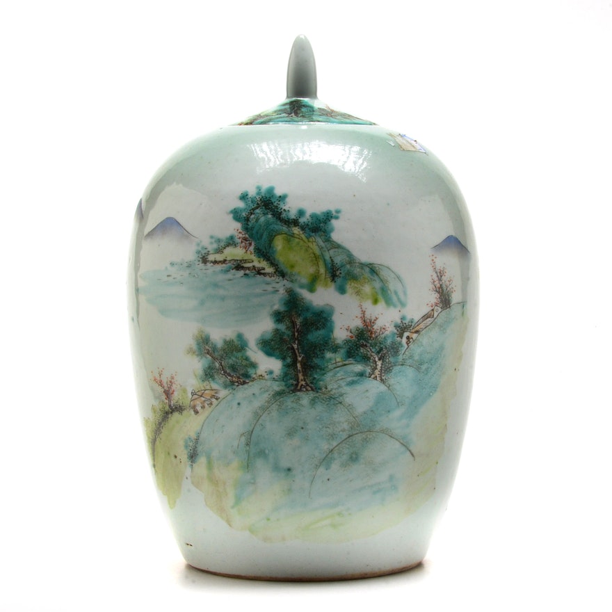 Chinese Polychrome Decorated Covered Hand-Painted Jar