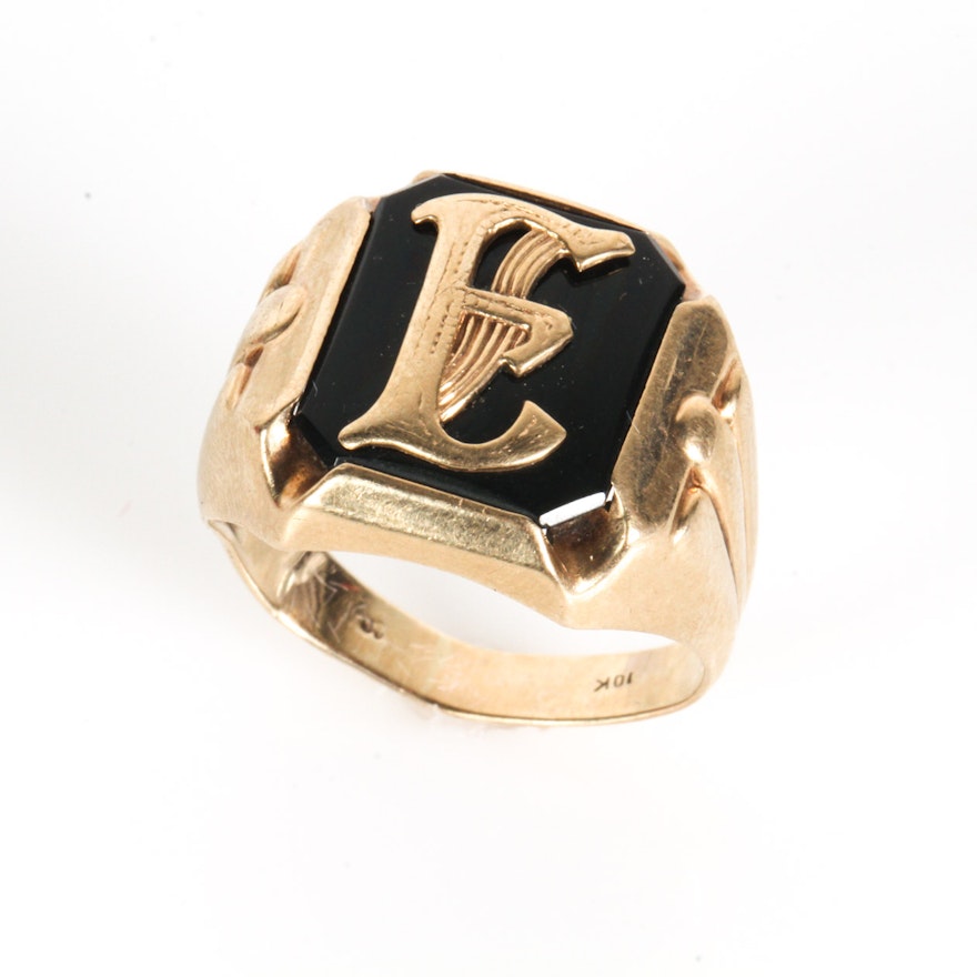 Men's Vintage 10K Yellow Gold and Onyx Signet Ring