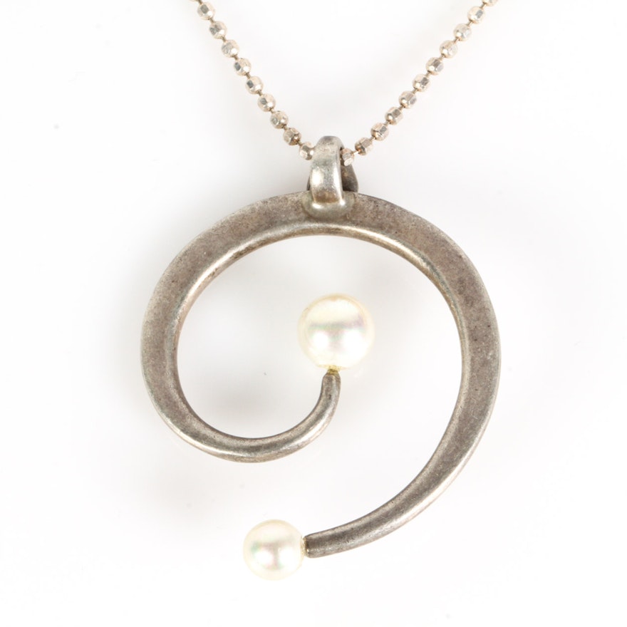 Sterling Silver and Faux Pearl Spiral Pendant Necklace