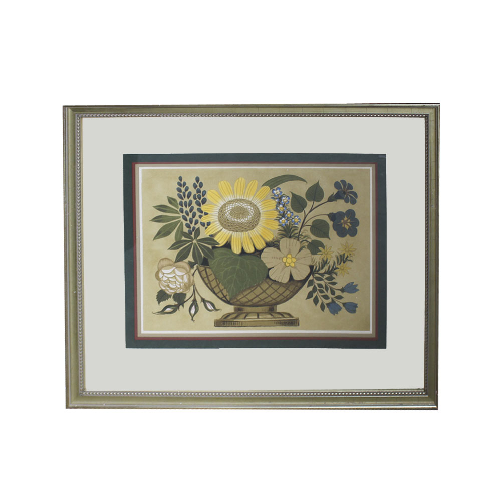 Modern Lithograph of Floral Basket by D. Grose