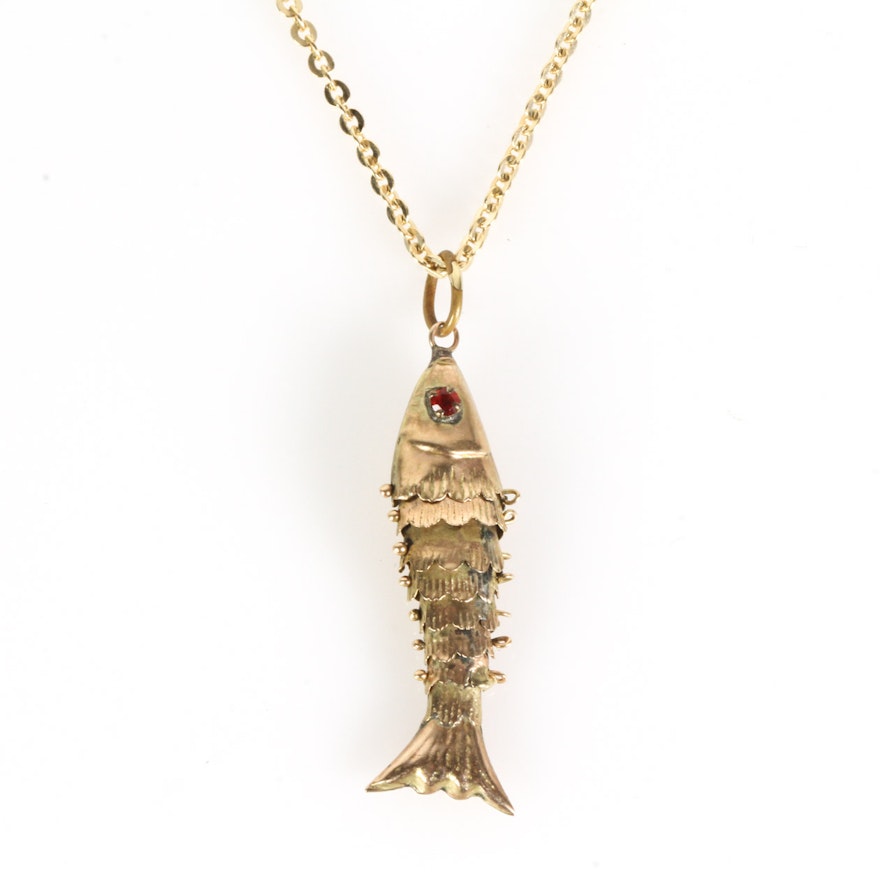 14K Gold Articulated Fish Pendant Necklace