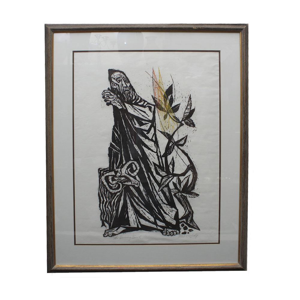 Robert Hodgell Woodcut of Moses Titled "The Burning Bush"