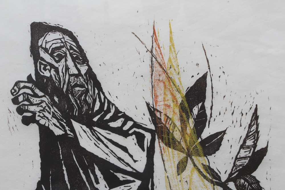 Robert Hodgell Woodcut of Moses Titled "The Burning Bush"
