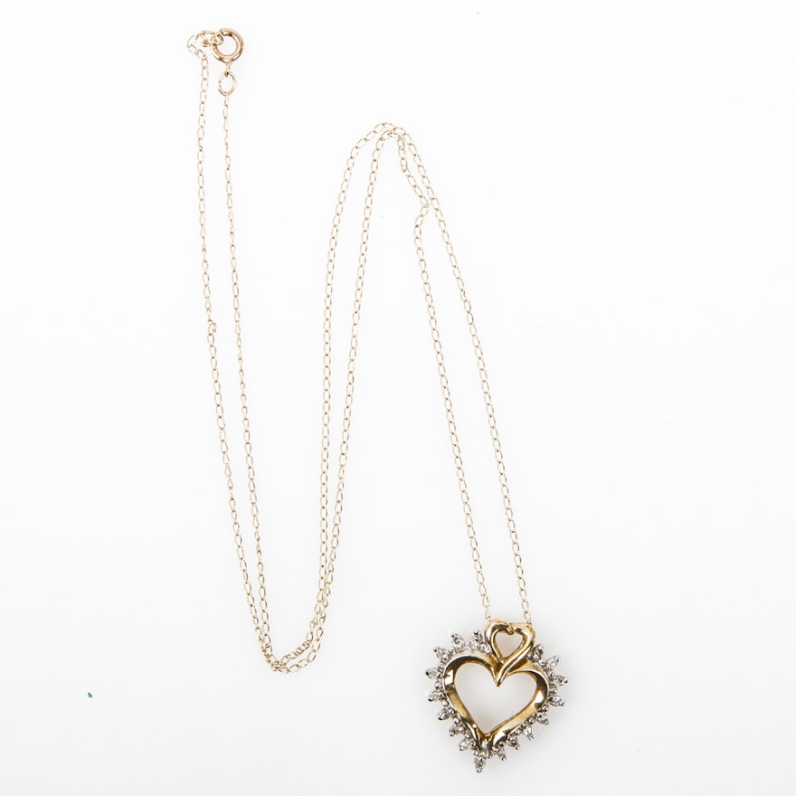 10K Two-Tone Gold and Diamond Open Heart Pendant Necklace