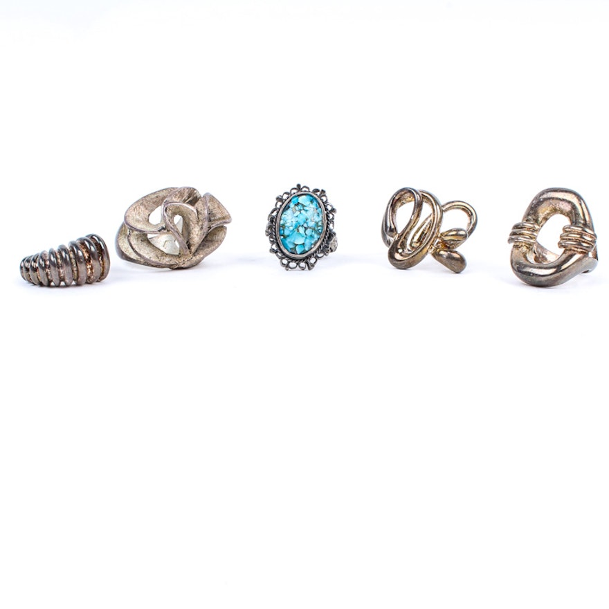 Set of Five Carved Sterling Silver Rings