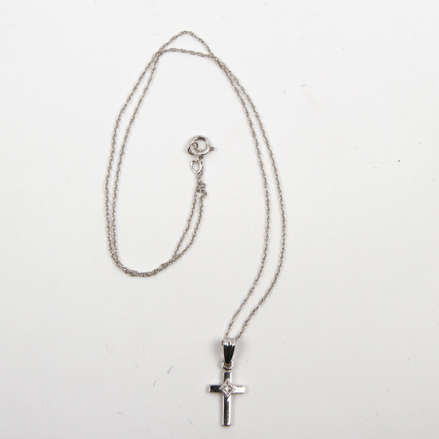 14K White Gold and Diamond Cross Pendant Necklace