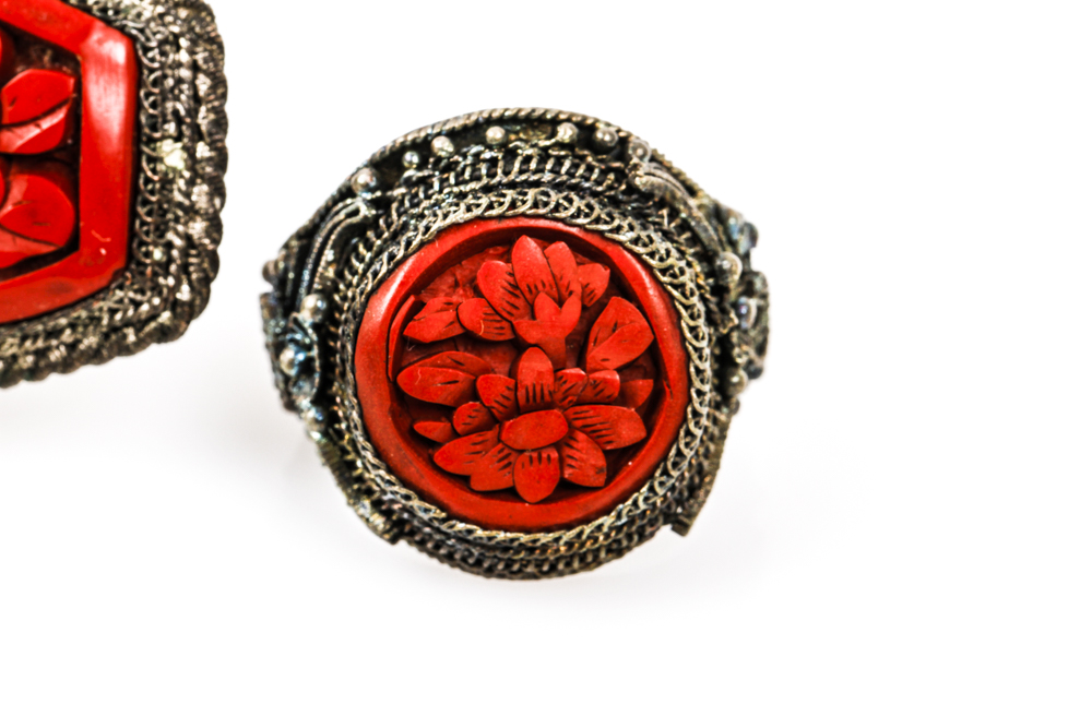 Carved Cinnabar Ring and Brooch