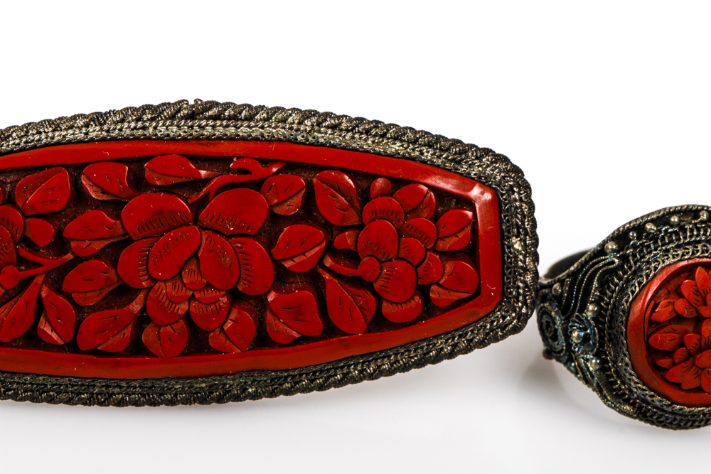 Carved Cinnabar Ring and Brooch