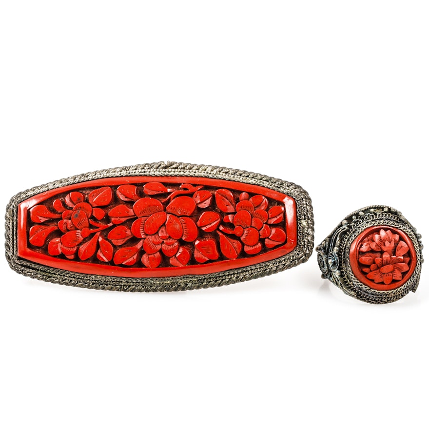 Carved Cinnabar Ring and Brooch