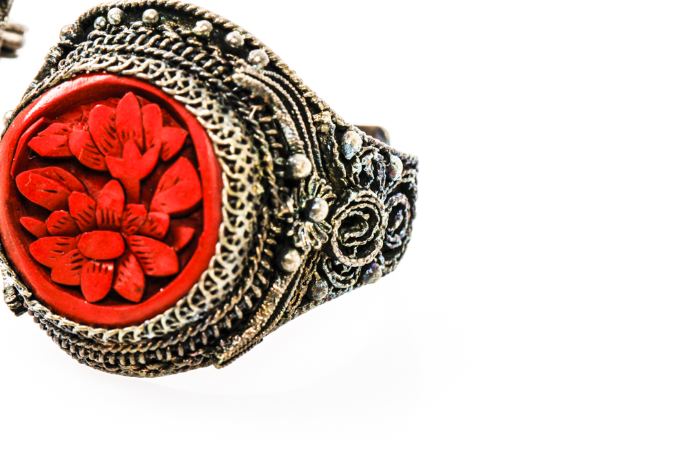 Carved Cinnabar Ring and Brooch