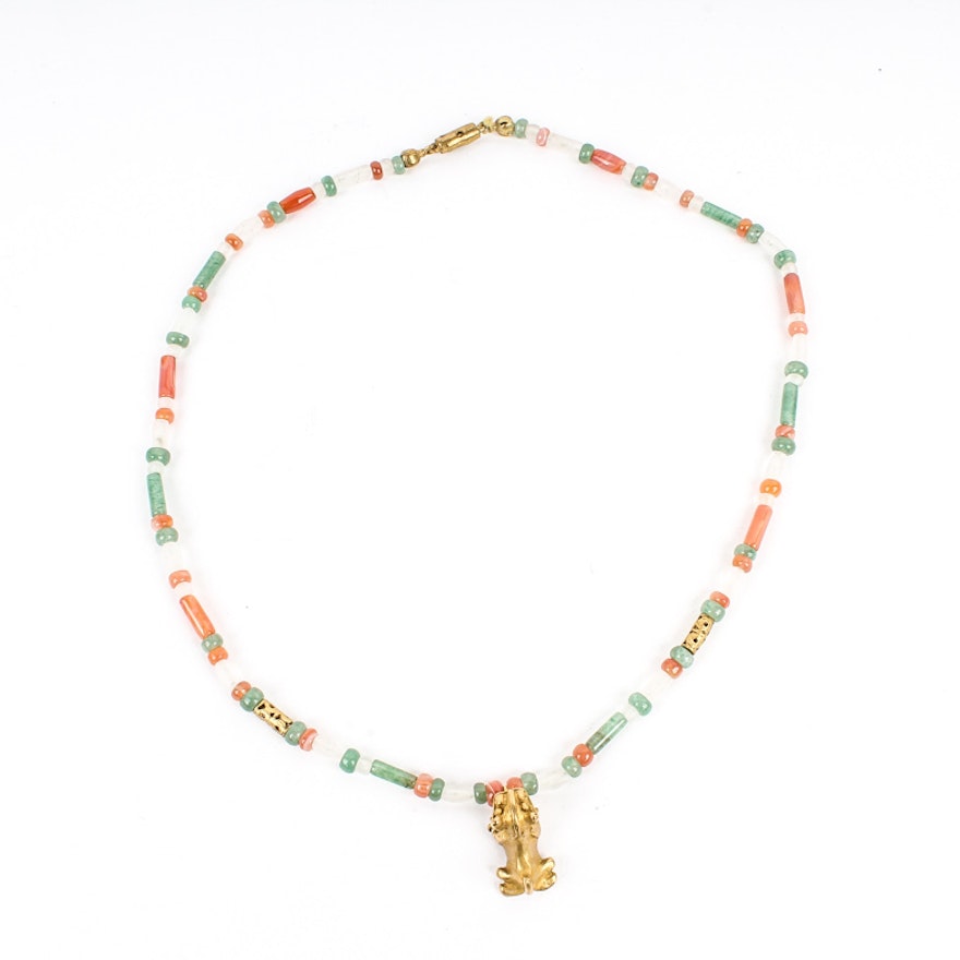 Jadeite Jade Necklace with Gold Plated Chinese Dragon Pendant