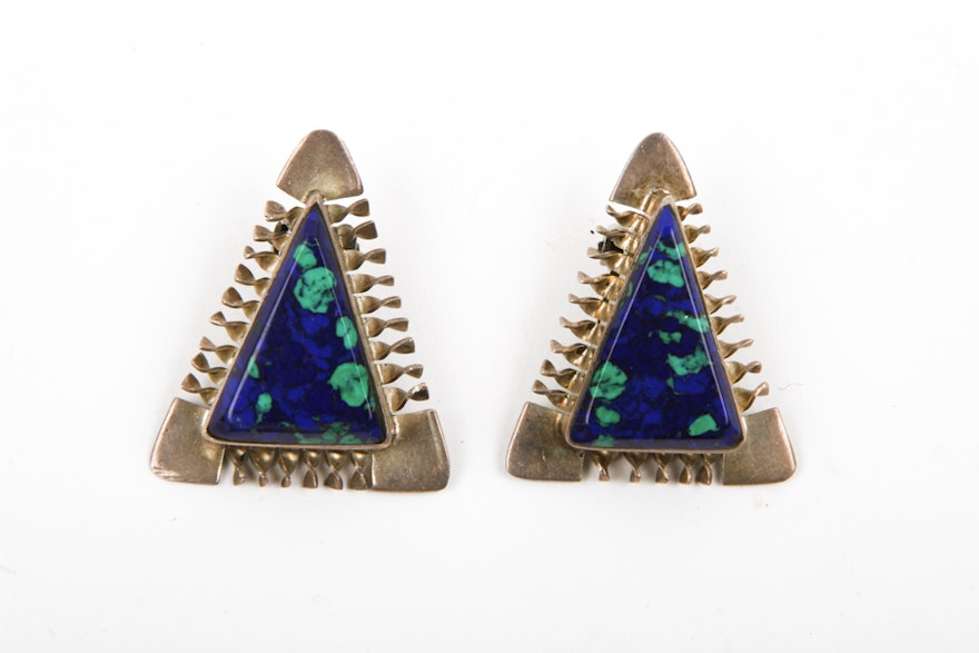 Vintage Taxco Sterling Silver and Simulated Azurmalachite Earrings