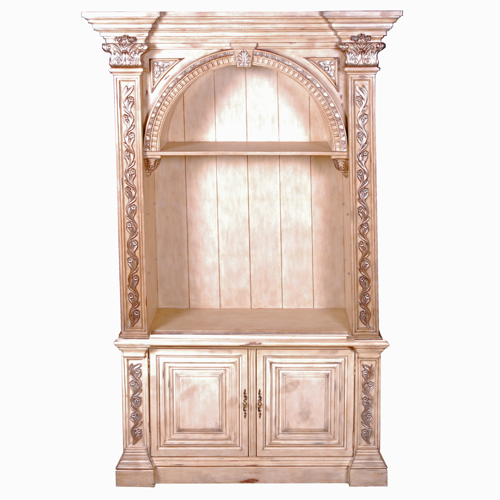 Beige Wood Cabinet with Bookshelf Hutch