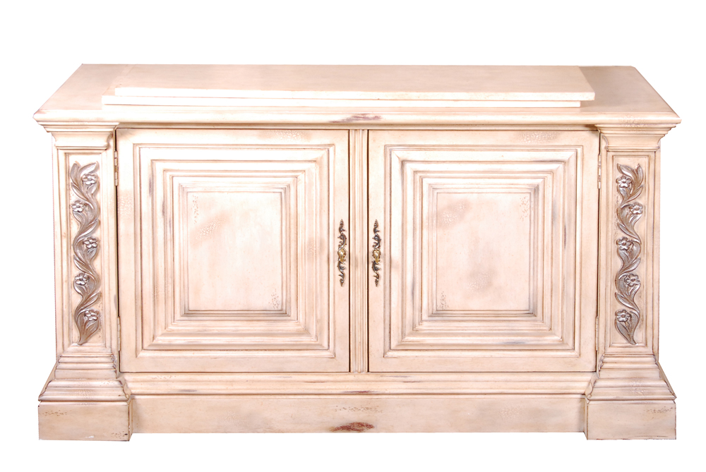 Beige Wood Cabinet with Bookshelf Hutch