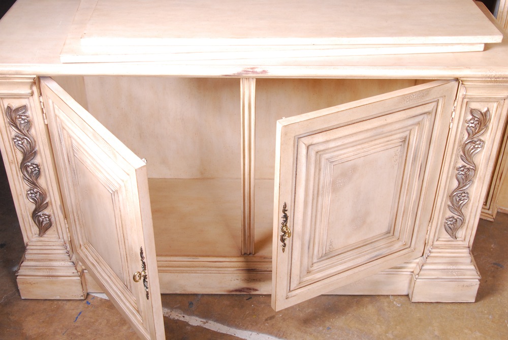 Beige Wood Cabinet with Bookshelf Hutch