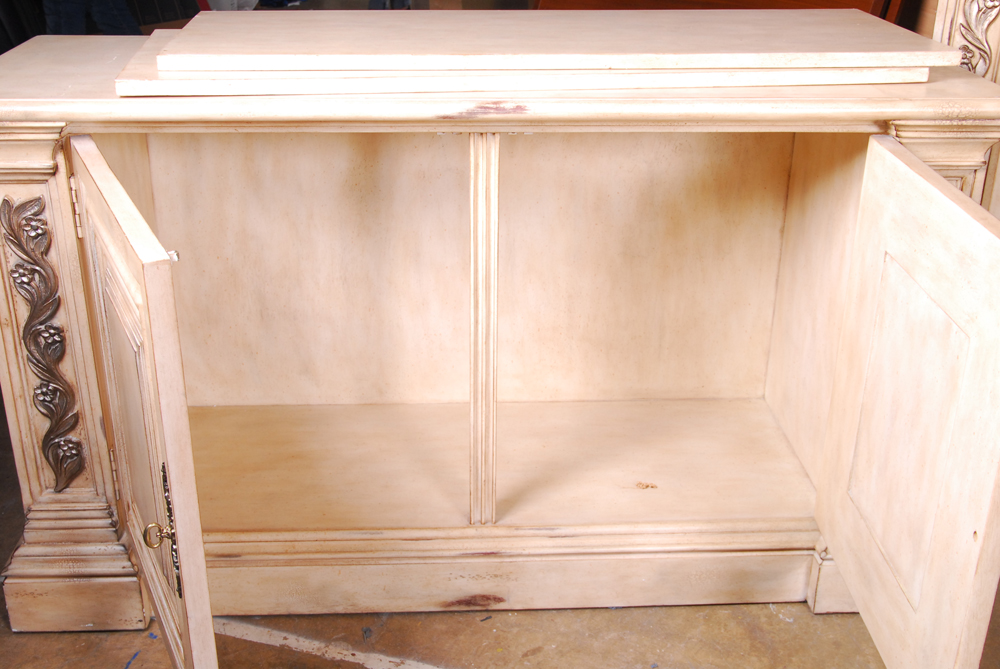 Beige Wood Cabinet with Bookshelf Hutch