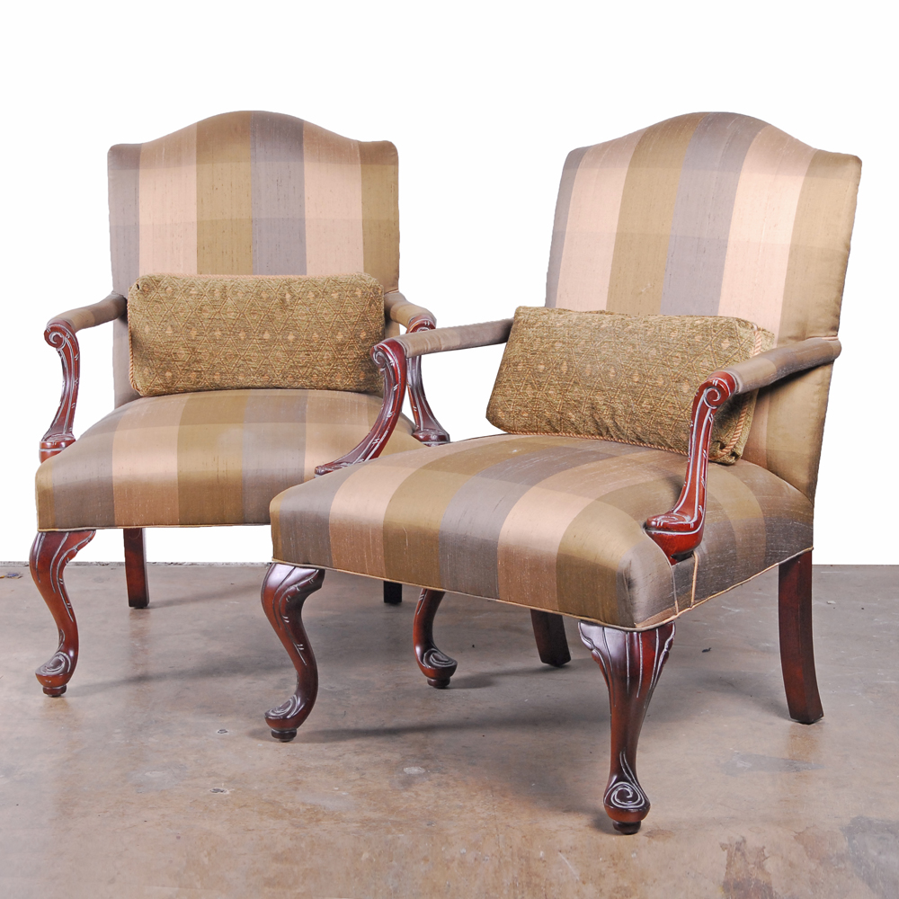 Pair of Silk Upholstered Arm Chairs