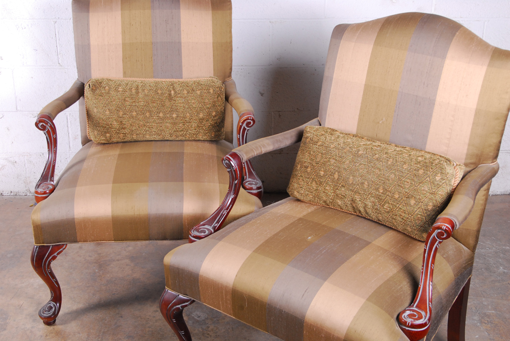 Pair of Silk Upholstered Arm Chairs