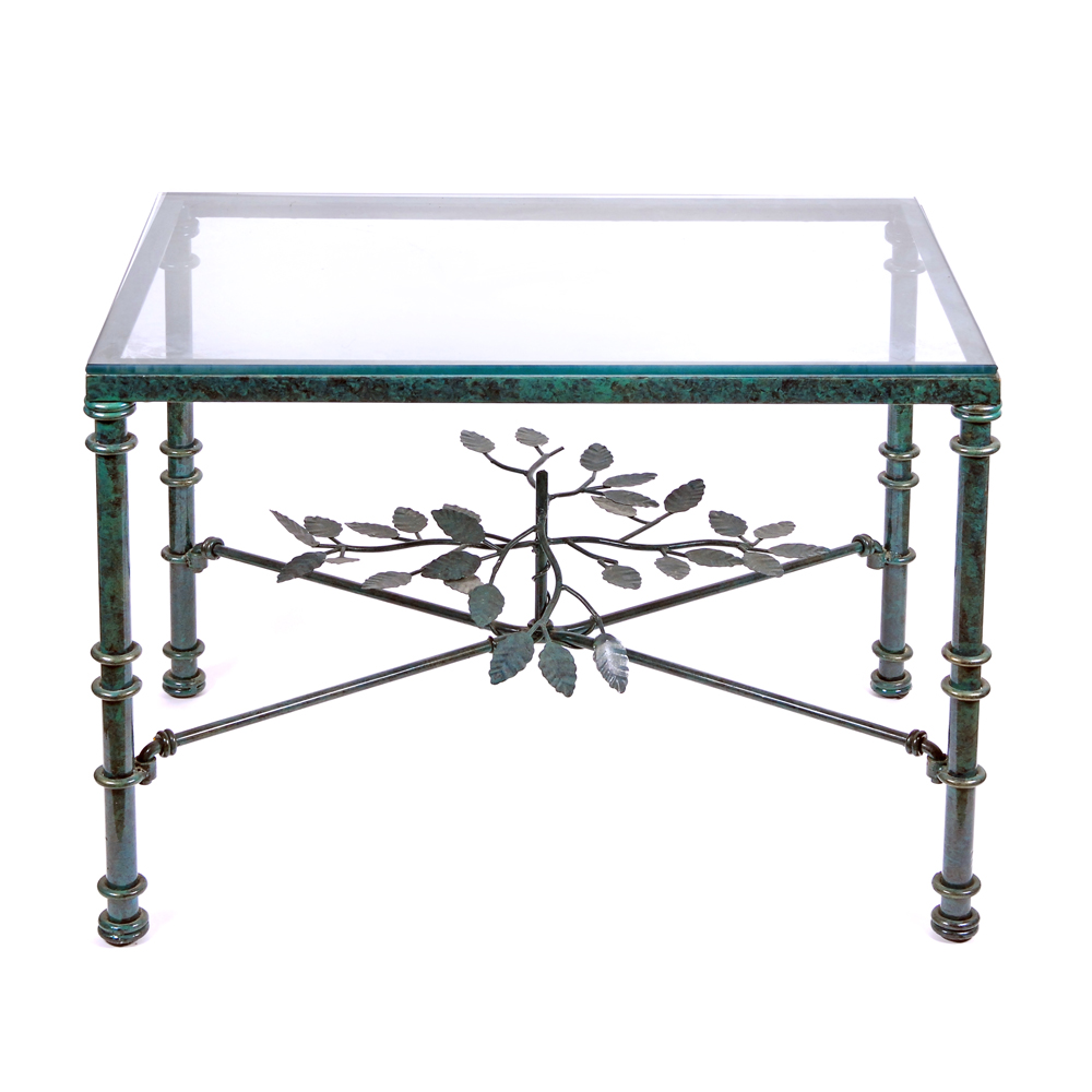 Green Enamel Metal and Glass Side Table
