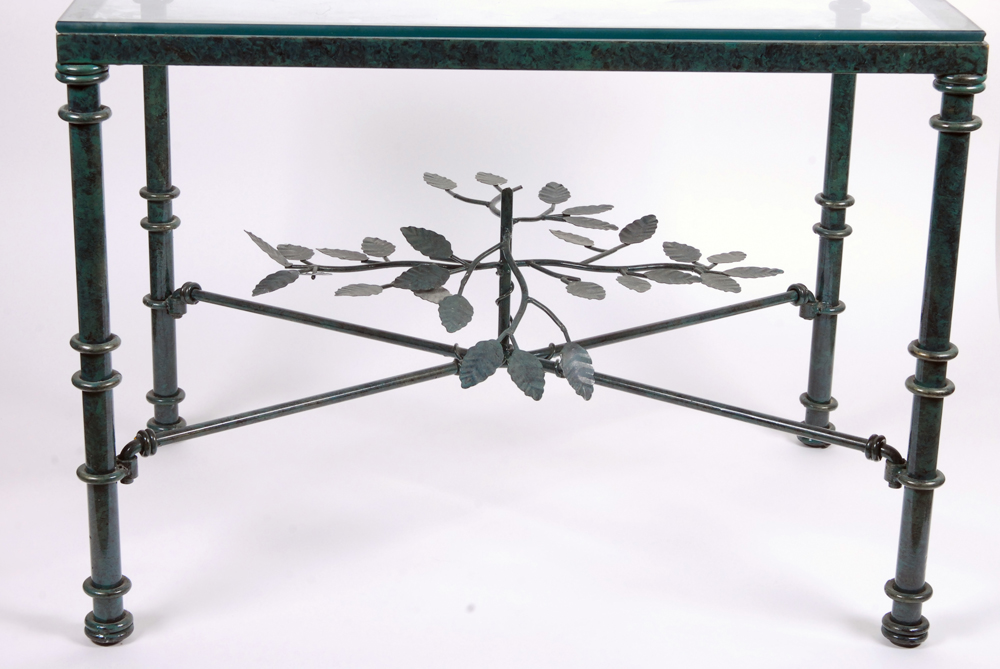 Green Enamel Metal and Glass Side Table