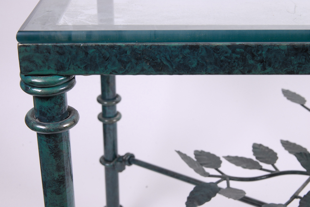 Green Enamel Metal and Glass Side Table