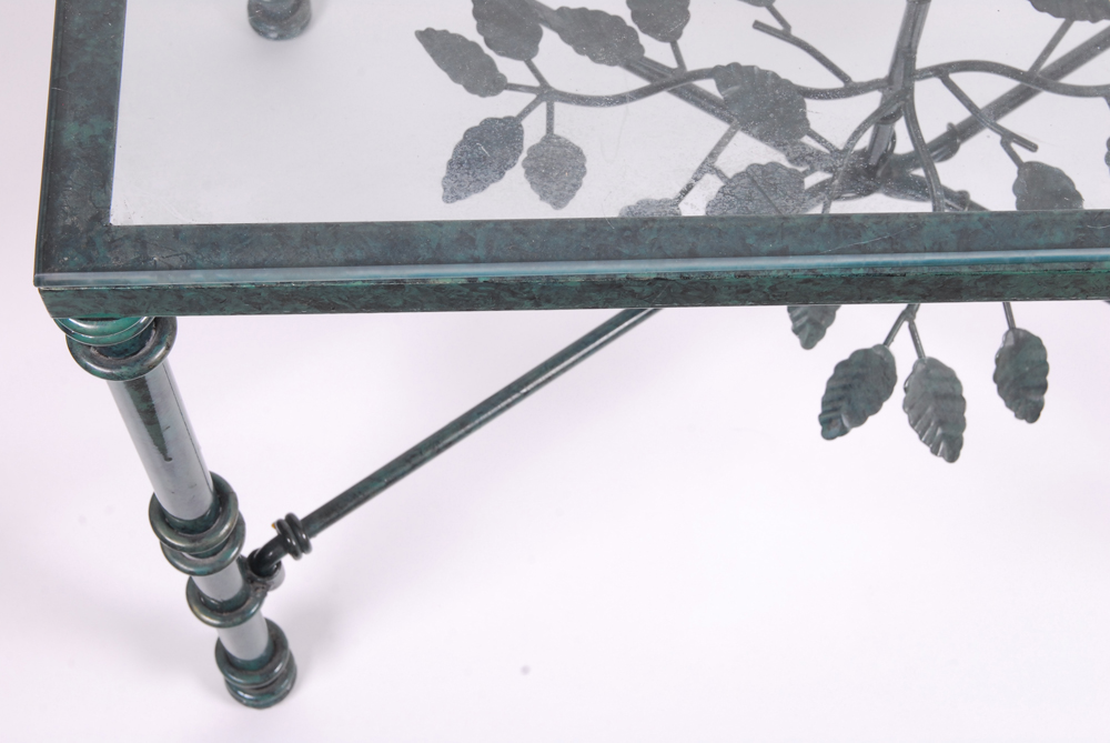 Green Enamel Metal and Glass Side Table