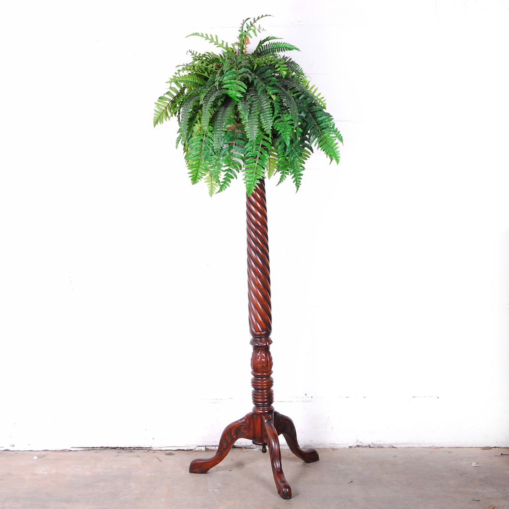 Tall Carved Wood Plant Stand with Faux Fern