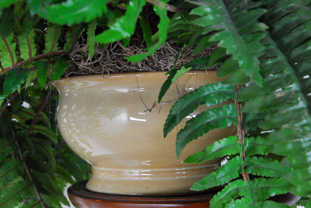 Tall Carved Wood Plant Stand with Faux Fern