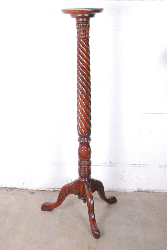 Tall Carved Wood Plant Stand with Faux Fern